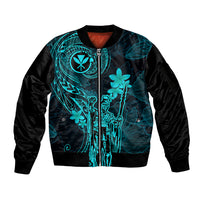 Hawaii Sleeve Zip Bomber Jacket King Kamehameha Mix Polynesian Plumeria Turquoise Version LT14 Unisex Turquoise - Polynesian Pride