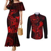 Hawaii Couples Matching Mermaid Dress and Long Sleeve Button Shirts King Kamehameha Mix Polynesian Plumeria Red Version LT14 Red - Polynesian Pride