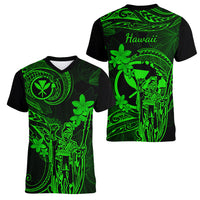Hawaii Women V Neck T Shirt King Kamehameha Mix Polynesian Plumeria Green Version LT14 - Polynesian Pride