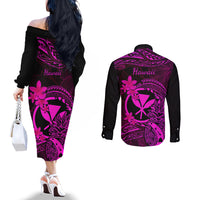 Hawaii Couples Matching Off The Shoulder Long Sleeve Dress and Long Sleeve Button Shirts Pineapple Mix Polynesian Plumeria Pink Version LT14 - Polynesian Pride