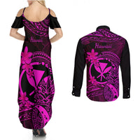 Hawaii Couples Matching Summer Maxi Dress and Long Sleeve Button Shirts Pineapple Mix Polynesian Plumeria Pink Version LT14 - Polynesian Pride
