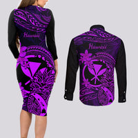 Hawaii Couples Matching Long Sleeve Bodycon Dress and Long Sleeve Button Shirts Pineapple Mix Polynesian Plumeria Purple Version LT14 - Polynesian Pride