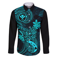 Hawaii Family Matching Off Shoulder Maxi Dress and Hawaiian Shirt Pineapple Mix Polynesian Plumeria Turquoise Version LT14 Dad's Shirt - Long Sleeve Turquoise - Polynesian Pride