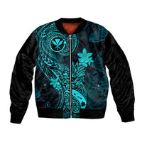 Hawaii Sleeve Zip Bomber Jacket Pineapple Mix Polynesian Plumeria Turquoise Version LT14 Unisex Turquoise - Polynesian Pride
