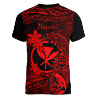 Hawaii Women V Neck T Shirt Pineapple Mix Polynesian Plumeria Red Version LT14 - Polynesian Pride