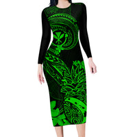 hawaii-long-sleeve-bodycon-dress-pineapple-mix-polynesian-plumeria-green-version