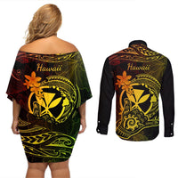 hawaii-couples-matching-off-shoulder-short-dress-and-long-sleeve-button-shirts-shaka-tattoo-mix-polynesian-plumeria-reggae-version