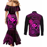 Hawaii Couples Matching Mermaid Dress and Long Sleeve Button Shirts Shaka Tattoo Mix Polynesian Plumeria Pink Version LT14 - Polynesian Pride