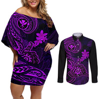 hawaii-couples-matching-off-shoulder-short-dress-and-long-sleeve-button-shirts-shaka-tattoo-mix-polynesian-plumeria-purple-version