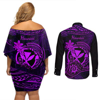 hawaii-couples-matching-off-shoulder-short-dress-and-long-sleeve-button-shirts-shaka-tattoo-mix-polynesian-plumeria-purple-version