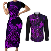 hawaii-couples-matching-short-sleeve-bodycon-dress-and-long-sleeve-button-shirts-shaka-tattoo-mix-polynesian-plumeria-purple-version