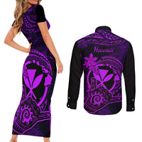 hawaii-couples-matching-short-sleeve-bodycon-dress-and-long-sleeve-button-shirts-shaka-tattoo-mix-polynesian-plumeria-purple-version