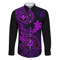 Hawaii Family Matching Puletasi Dress and Hawaiian Shirt Shaka Tattoo Mix Polynesian Plumeria Purple Version LT14 Dad's Shirt - Long Sleeve Purple - Polynesian Pride