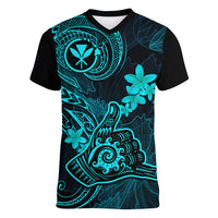hawaii-women-v-neck-t-shirt-shaka-tattoo-mix-polynesian-plumeria-turquoise-version