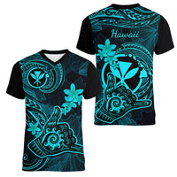 hawaii-women-v-neck-t-shirt-shaka-tattoo-mix-polynesian-plumeria-turquoise-version