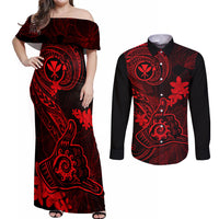 Hawaii Couples Matching Off Shoulder Maxi Dress and Long Sleeve Button Shirts Shaka Tattoo Mix Polynesian Plumeria Red Version LT14 Red - Polynesian Pride