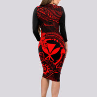 hawaii-long-sleeve-bodycon-dress-shaka-tattoo-mix-polynesian-plumeria-red-version