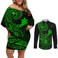 hawaii-couples-matching-off-shoulder-short-dress-and-long-sleeve-button-shirts-shaka-tattoo-mix-polynesian-plumeria-green-version