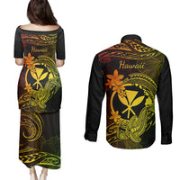 hawaii-couples-matching-puletasi-dress-and-long-sleeve-button-shirts-hammerhead-shark-tattoo-mix-polynesian-plumeria-reggae-version
