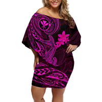 Hawaii Off Shoulder Short Dress Hammerhead Shark Tattoo Mix Polynesian Plumeria Pink Version LT14 Women Pink - Polynesian Pride