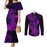 hawaii-couples-matching-mermaid-dress-and-long-sleeve-button-shirts-hammerhead-shark-tattoo-mix-polynesian-plumeria-purple-version