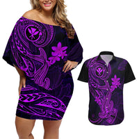 hawaii-couples-matching-off-shoulder-short-dress-and-hawaiian-shirt-hammerhead-shark-tattoo-mix-polynesian-plumeria-purple-version