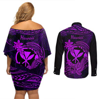hawaii-couples-matching-off-shoulder-short-dress-and-long-sleeve-button-shirts-hammerhead-shark-tattoo-mix-polynesian-plumeria-purple-version