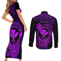 hawaii-couples-matching-short-sleeve-bodycon-dress-and-long-sleeve-button-shirts-hammerhead-shark-tattoo-mix-polynesian-plumeria-purple-version