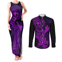 hawaii-couples-matching-tank-maxi-dress-and-long-sleeve-button-shirts-hammerhead-shark-tattoo-mix-polynesian-plumeria-purple-version