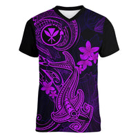 hawaii-women-v-neck-t-shirt-hammerhead-shark-tattoo-mix-polynesian-plumeria-purple-version