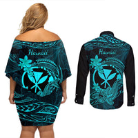 hawaii-couples-matching-off-shoulder-short-dress-and-long-sleeve-button-shirts-hammerhead-shark-tattoo-mix-polynesian-plumeria-turquoise-version