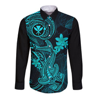 hawaii-long-sleeve-button-shirt-hammerhead-shark-tattoo-mix-polynesian-plumeria-turquoise-version