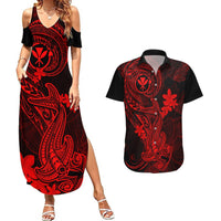hawaii-couples-matching-summer-maxi-dress-and-hawaiian-shirt-hammerhead-shark-tattoo-mix-polynesian-plumeria-red-version