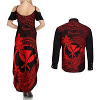 hawaii-couples-matching-summer-maxi-dress-and-long-sleeve-button-shirts-hammerhead-shark-tattoo-mix-polynesian-plumeria-red-version