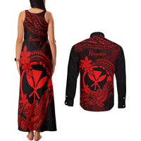 hawaii-couples-matching-tank-maxi-dress-and-long-sleeve-button-shirts-hammerhead-shark-tattoo-mix-polynesian-plumeria-red-version