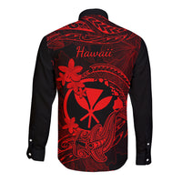 hawaii-long-sleeve-button-shirt-hammerhead-shark-tattoo-mix-polynesian-plumeria-red-version