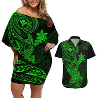 Hawaii Couples Matching Off Shoulder Short Dress and Hawaiian Shirt Hammerhead Shark Tattoo Mix Polynesian Plumeria Green Version LT14 Green - Polynesian Pride