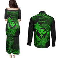 hawaii-couples-matching-puletasi-dress-and-long-sleeve-button-shirts-hammerhead-shark-tattoo-mix-polynesian-plumeria-green-version