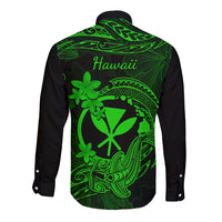 hawaii-long-sleeve-button-shirt-hammerhead-shark-tattoo-mix-polynesian-plumeria-green-version
