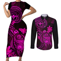 hawaii-couples-matching-short-sleeve-bodycon-dress-and-long-sleeve-button-shirts-turtle-mix-polynesian-plumeria-pink-version