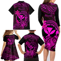 hawaii-family-matching-long-sleeve-bodycon-dress-and-hawaiian-shirt-turtle-mix-polynesian-plumeria-pink-version