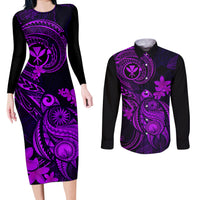 hawaii-couples-matching-long-sleeve-bodycon-dress-and-long-sleeve-button-shirts-turtle-mix-polynesian-plumeria-purple-version