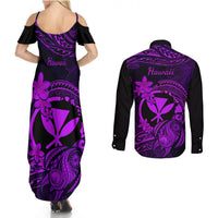 Hawaii Couples Matching Summer Maxi Dress and Long Sleeve Button Shirts Turtle Mix Polynesian Plumeria Purple Version LT14 - Polynesian Pride
