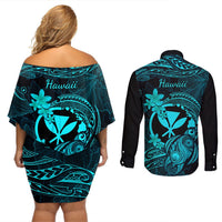 hawaii-couples-matching-off-shoulder-short-dress-and-long-sleeve-button-shirts-turtle-mix-polynesian-plumeria-turquoise-version
