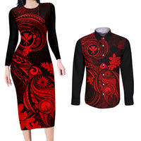 Hawaii Couples Matching Long Sleeve Bodycon Dress and Long Sleeve Button Shirts Turtle Mix Polynesian Plumeria Red Version LT14 Red - Polynesian Pride