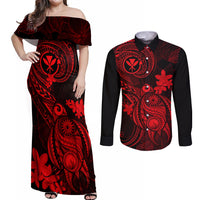 hawaii-couples-matching-off-shoulder-maxi-dress-and-long-sleeve-button-shirts-turtle-mix-polynesian-plumeria-red-version
