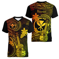 hawaii-women-v-neck-t-shirt-ukulele-mix-polynesian-plumeria-reggae-version