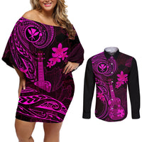 Hawaii Couples Matching Off Shoulder Short Dress and Long Sleeve Button Shirts Ukulele Mix Polynesian Plumeria Pink Version LT14 Pink - Polynesian Pride