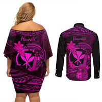 Hawaii Couples Matching Off Shoulder Short Dress and Long Sleeve Button Shirts Ukulele Mix Polynesian Plumeria Pink Version LT14 - Polynesian Pride