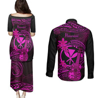 Hawaii Couples Matching Puletasi Dress and Long Sleeve Button Shirts Ukulele Mix Polynesian Plumeria Pink Version LT14 - Polynesian Pride